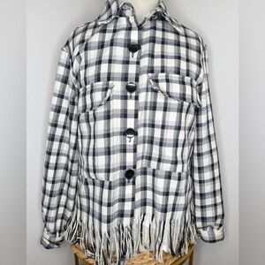 Renuar Flannel Shirt Jacket Black and White Plaid Fringed Hem Shacket Buttoned